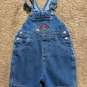 Vintage Carters Size 2T Denim Shortalls Overalls Dump Truck Embroidered Blue